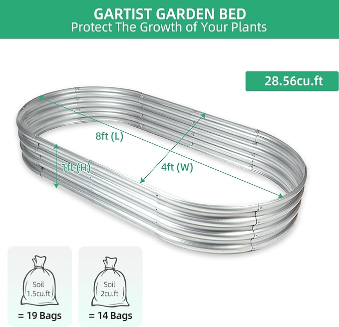 Raised Garden Bed, Raised Garden Beds Outdoor, 8x4x1 FT Oval Larger Space Galvanized Raised Garden Bed for Herbs, Vegetables, Fruits