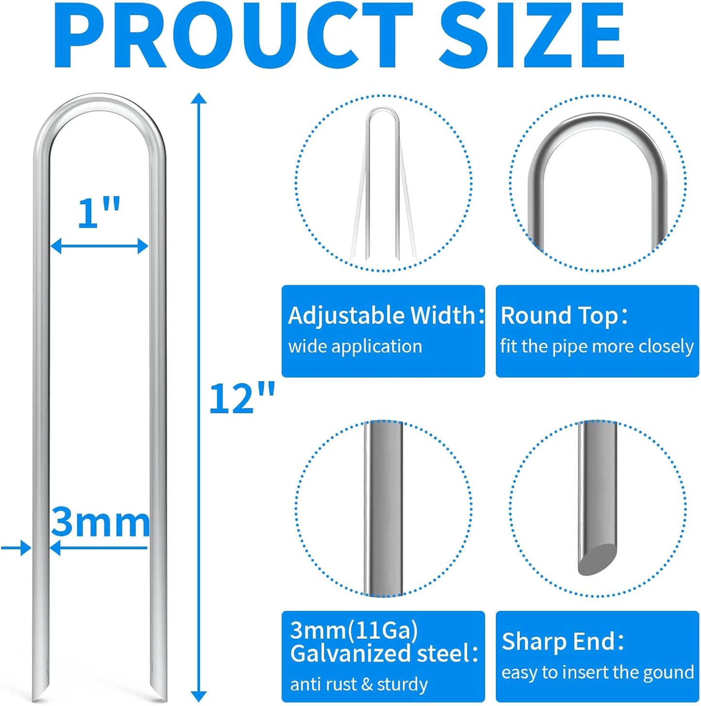 MySit 12 Pack 12 Inch Garden Stakes Heavy Duty 11 Gauge Galvanized Yard Staples U Pegs Fences Drip Irrigation Securing Stakes Loop Stake for Anchoring Lawn Drippers Soaker Hose