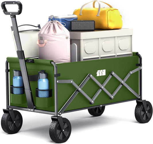 Collapsible Foldable Wagon, Foldig Cart with Wheel Heavy Duty with 180lbs Weight Capacity Lightweight Utility Camping Wagon for Groceries Garden Beach Sports Fishing (Army Green)