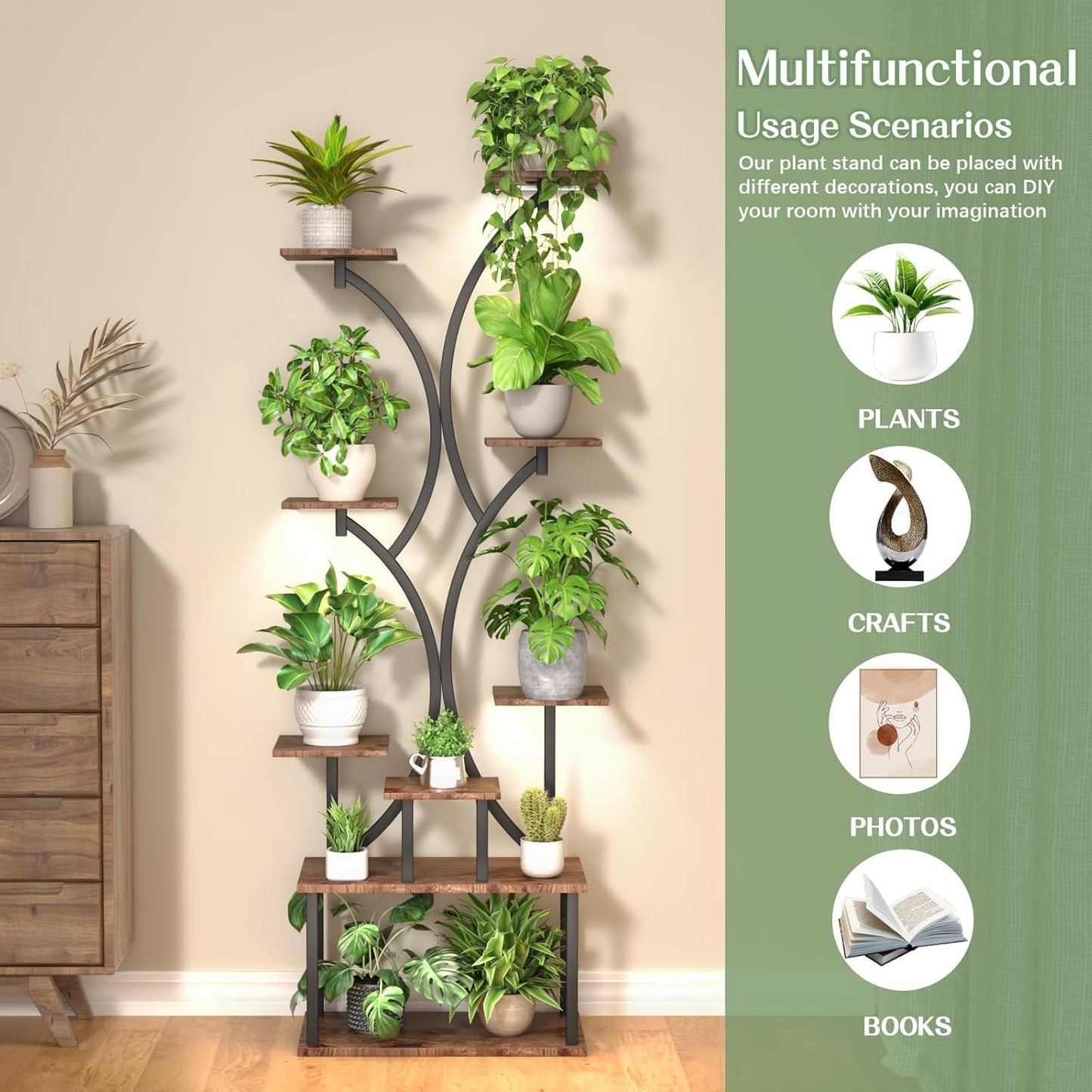 65 inch Plant Stand Indoor with Grow Lights, 9 Tiered Metal Plant Stands Indoor, Tall Plant Shelf for Multiple Plants, for Living Room, Patio Balcony or Office (Rustic Brown)