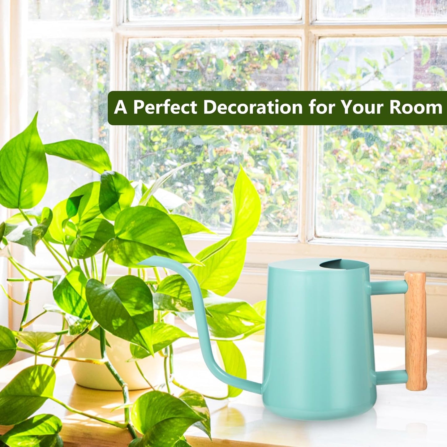 Watering Can Indoor Plants, 35oz Small Indoor Stainless Steel Metal Watering Can Modern Decorative Watering Pot with Long Spout for Indoor House Plant Bonsai Outdoor Garden Flowers -Green