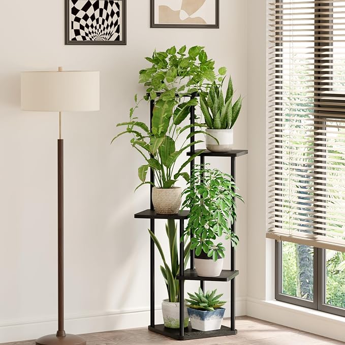 Bamworld Corner Plant Stand Indoor, 5 Tier Metal Plant Shelf for Multiple Plants, Tall Flower Stand for Patio Garden Balcony Living Room Bedroom(Black)