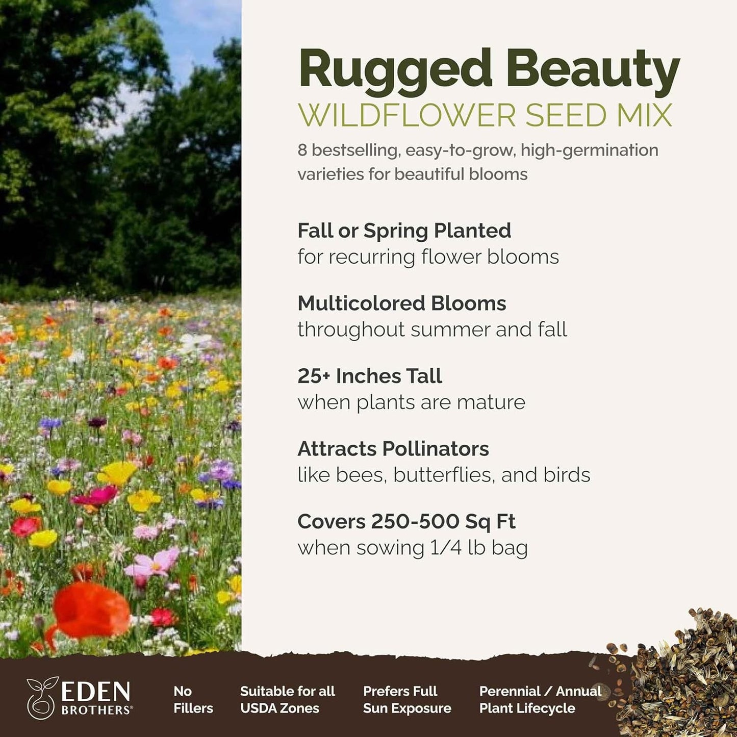 Eden Brothers Rugged Beauty Flower Mixed Seeds for Planting, 1/4 lb, 120,000+ Seeds with Cornflower Tall Blue, Candytuft | Attracts Pollinators, Plant in Spring or Fall, Zones 3, 4, 5, 6, 7, 8, 9, 10