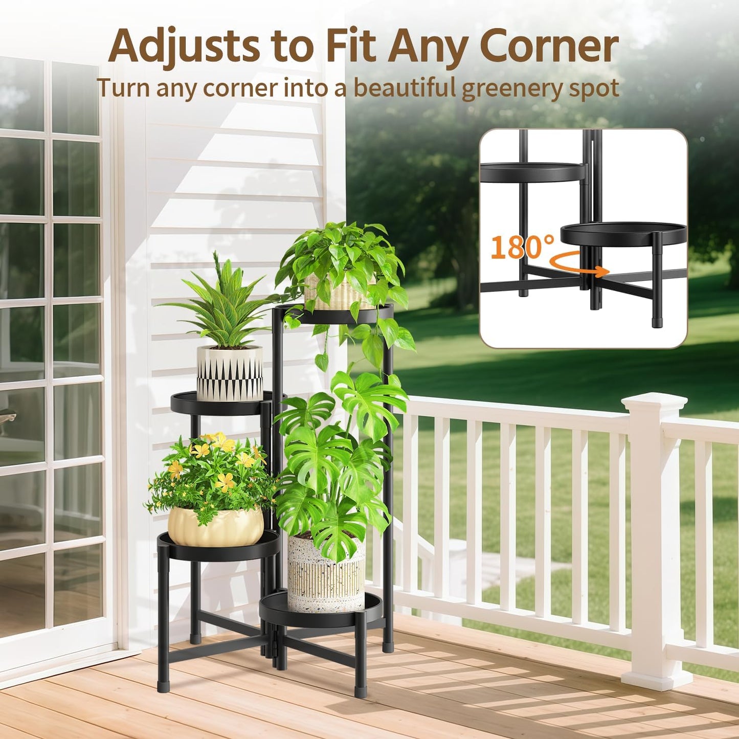 LASZOLA 4 Tiered Folding Plant Stand Indoor for Multiple Large Planter, Tall Heavy Duty Adjustable Rack with Rust Proof 10 Inch Wide Tray, Sturdy Vertical Tree Organizer for Narrow Inside Floor, Black