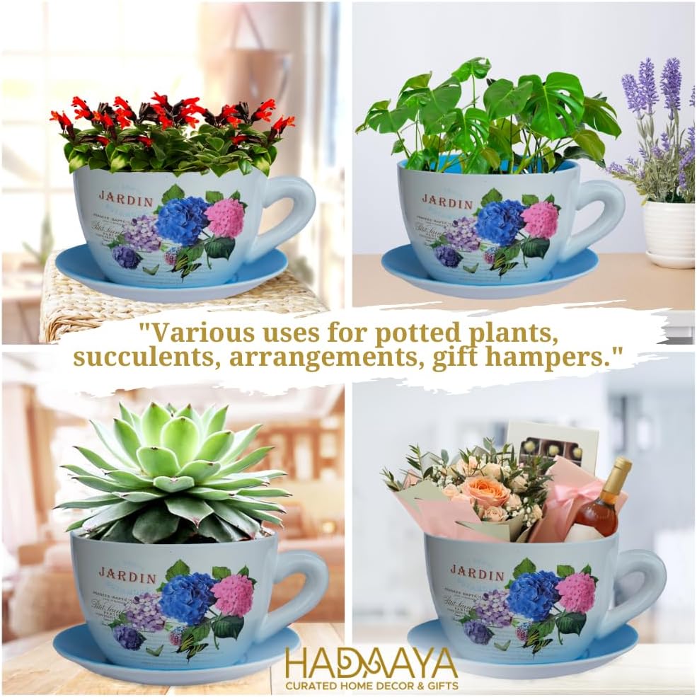 7.5" Ceramic Teacup Planter Pot with Saucer | Ideal for Succulents, Orchids, Herbs & Flowers | Indoor Use| Thoughtful Gift for Birthday, Gift Basket, Sympathy & More – Blue Hydrangea Jardin