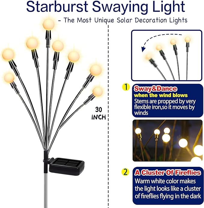TONULAX Solar Garden Lights - New Upgraded Solar Swaying Light, Sway by Wind, Solar Outdoor Lights, Yard Patio Pathway Decoration, High Flexibility Iron Wire & Heavy Bulb Base, Warm White (4 Pack)