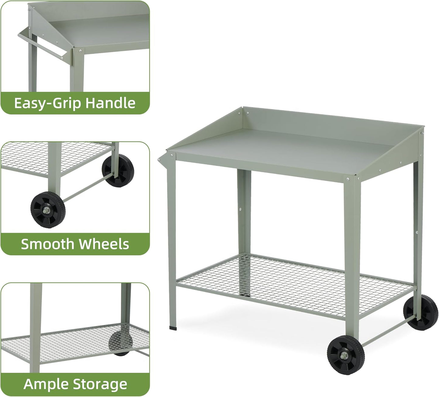 Outdoor Metal Potting Bench with Wheels, Heavy Duty Garden Workbench Table with Storage Shelf (Green, 36"x38.8")