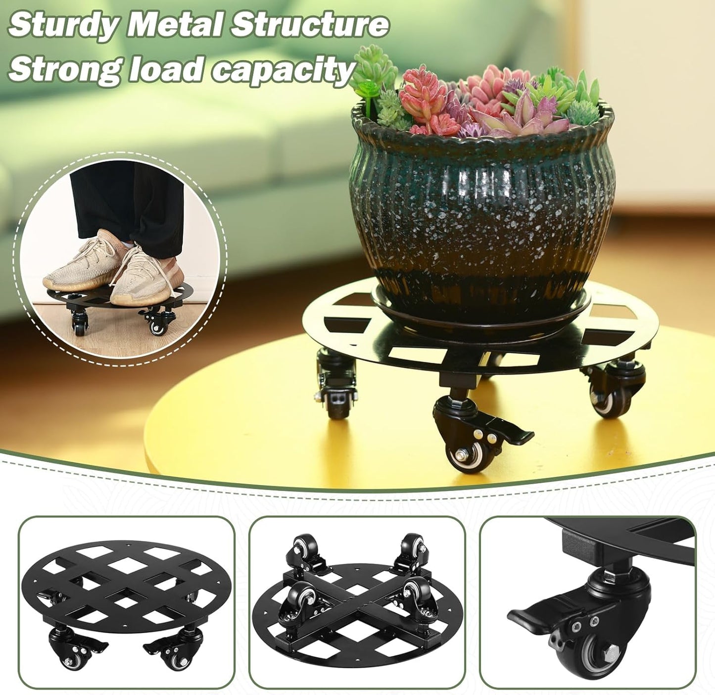2 Packs 13 inches Large Metal Plant Caddy with Wheels Heavy-Duty Round Plant Stands with Casters Indoor Outdoor Flower Pot Mover Roller Base Garden Dolly Coasters Black, Strong Load Capacity
