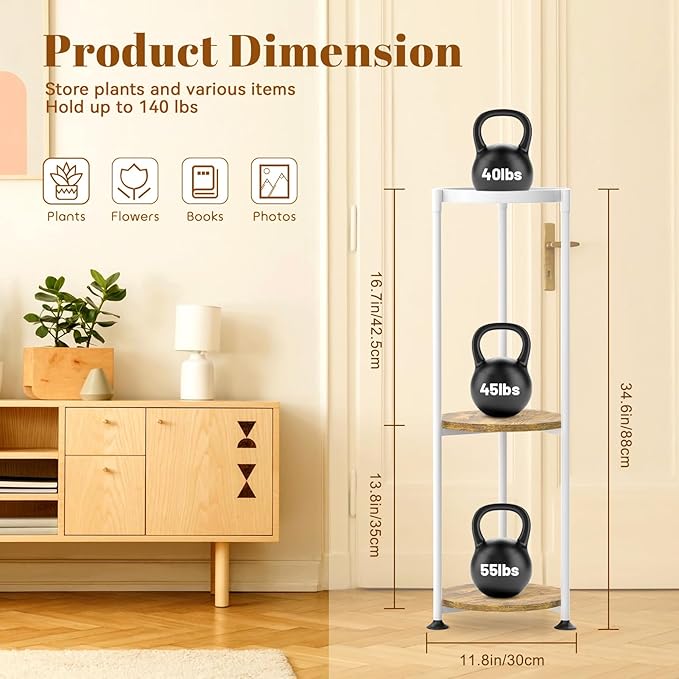 KMOTASUO 3 Tier Tall Plant Stands Indoor, 34 Inch Metal Wood Corner Plant Stand for Indoor Plants, Round Flower Pot Holder Shelf Display Rack for Balcony Garden Patio Living Room(White)