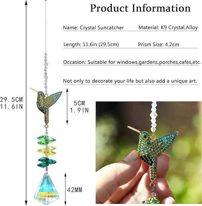 Rhinestones Hummingbird with Crystal Sun Catcher, Glass Window Hanging Ornament,Crystal Prism Suncatcher Outdoor Indoor Home Garden Party Decoration
