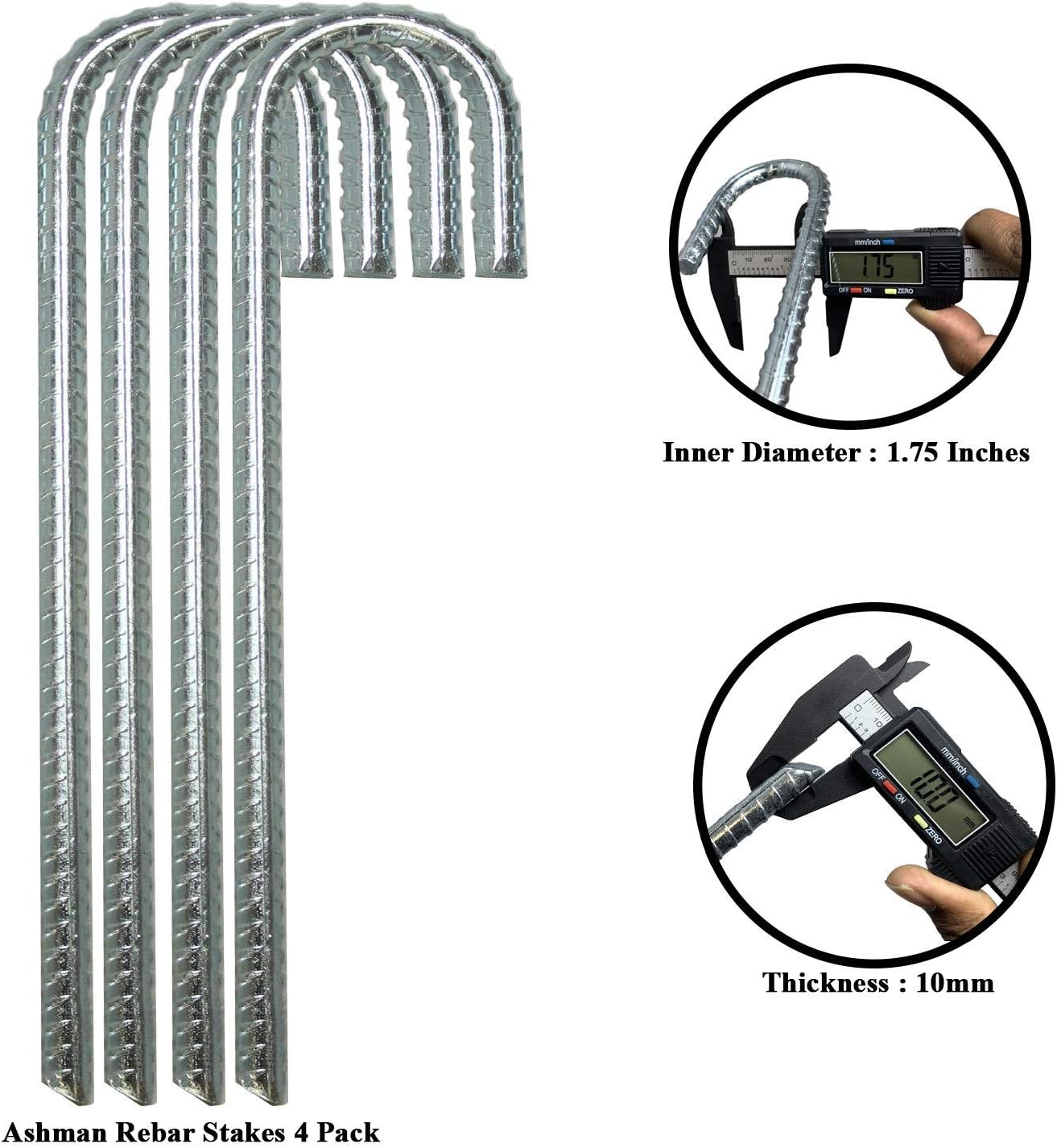 Ashman Rebar Stake Anchor 12 Inches Long (4 Pack), Ideal for Securing Animals, Tents, Canopies, Sheds, Car Ports, Swing Sets. Rust-Resistant and Made of Solid Premium Galvanized/zinc-Coated Metal.