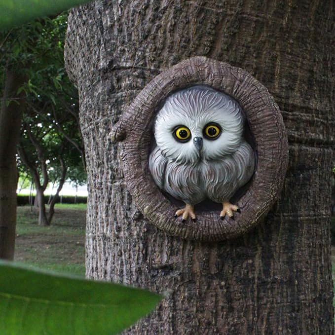 Owl Tree Hugger Whimsical Tree Sculpture Garden Statues Outdoor Tree Face Decor Garden Peeker Yard Art Decorations (Singel Owl)
