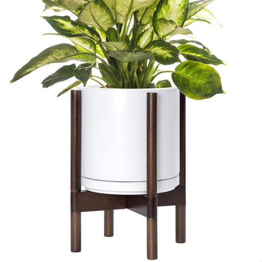 D'vine Dev Ceramic Planter with Walnut Color Stand - 10 Inch Modern Round Flower Pot with Wood Planter Holder, White, 55-B-X-1