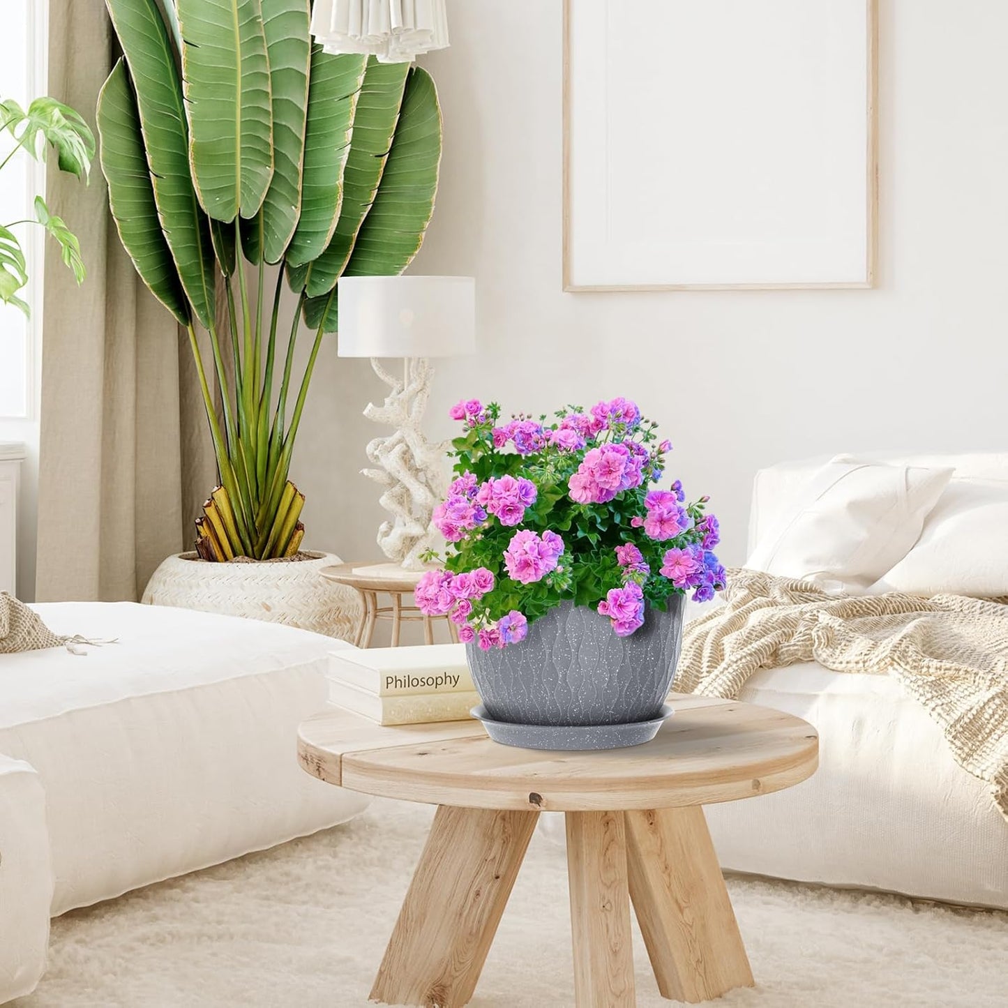 Large Flower Pots 12/10/9 inch, 3 Set Big Plant Pots for Outdoor Indoor Plants with Water Ripples, Wide Plastic Planters with Drainage Holes and Saucers for Garden House Plants, Speckled Grey