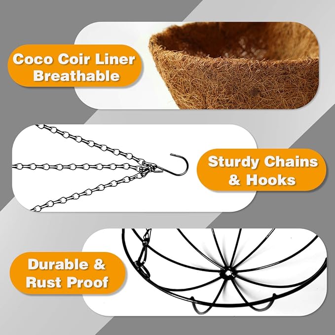 Hanging Plant Basket Flower Holder (4pack, 14 inch)-Metal Wire Round Hanging Basket Planter with Coco Fiber Liners for Plants Flower Pots Indoor Outdoor Garden Porch and Balcony Decor
