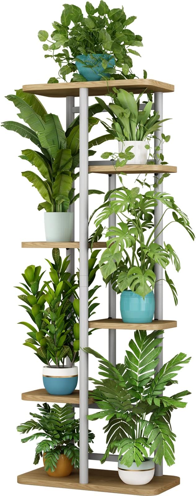 LINZINAR Plant Stand 6 Tier 7 Potted Multiple Flower Pot Holder Shelf Indoor Outdoor Planter Display Shelving for Patio Garden Corner Balcony Living Room (6 Tier-7 Potted, White)