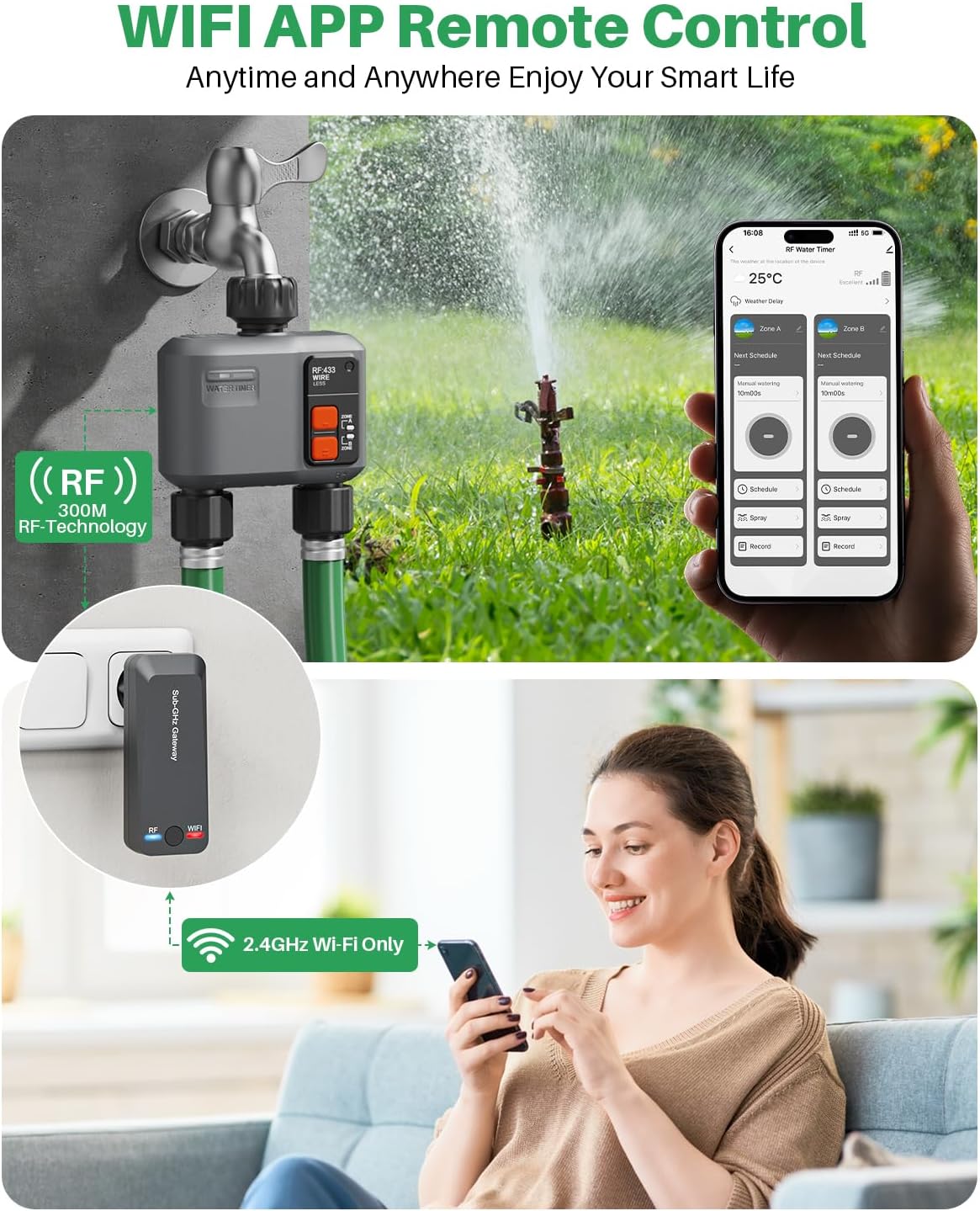 WiFi Sprinkler Timer 2 Zone with 984 Feet RF Gateway, 2 Outlet Smart Water Timer for Garden Hose with Rain Delay/Manual/Automatic,WiFi Water Hose Timers for Garden & Lawns