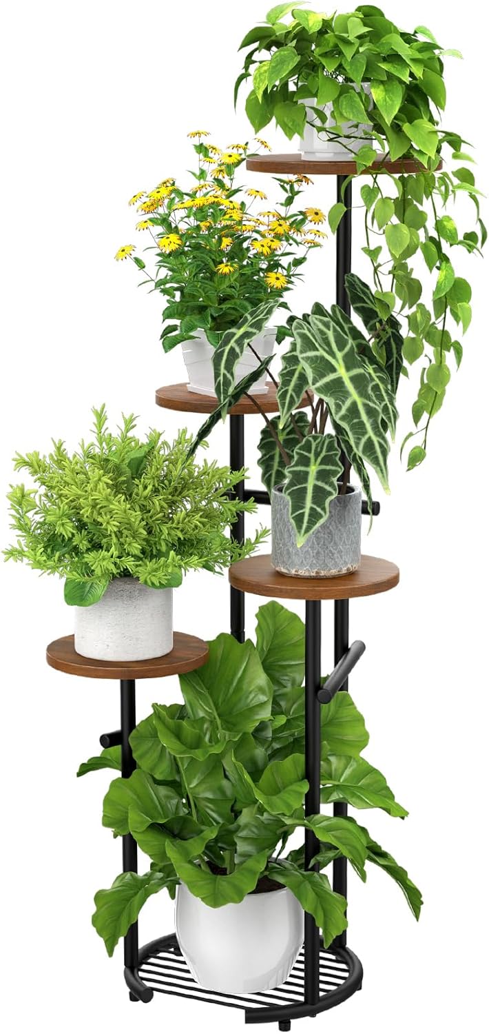 TOSKING 5 Tier Metal Plant Stand Indoor， Plant Shelf, Corner Shelf Flower Pot Stand for Outdoor Plant Stand for Living Room Balcony Garden Patio Bedroom (Black and Brown, 42in)