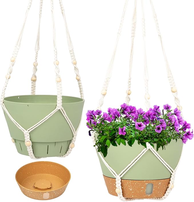 QCQHDU 2 Pack Hanging Planters for Indoor Plants, Outdoor Hanging Baskets, Self Watering Pots with Drainage Holes & Removable Tray (Green, 8 inch, Macrame Hanger)