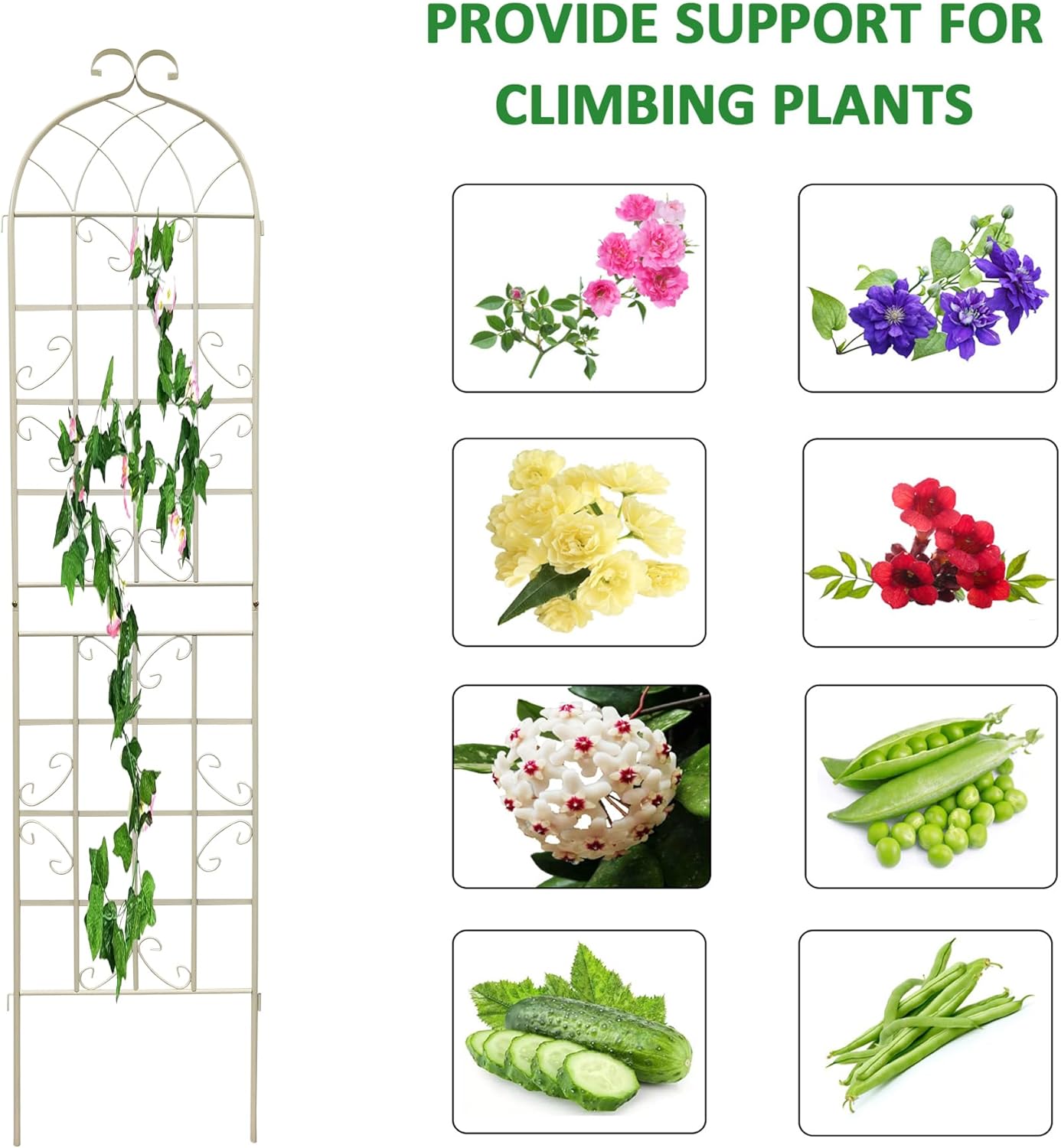 4 Pack Metal Garden Trellis for Climbing Plants, 86.7" Tall Rustproof Outdoor Trellis Panel with Vine Design, Decorative Black Iron Plant Support for Vine, Rose, Flower, Garden Wall, White