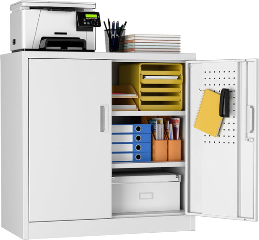 Metal Garage Storage Cabinet with Lock and Pegboard, Steel File Cabinets with 2 Lockable Doors and 2 Adjustable Shelves for Home, School, Office, Garage, Assembly Required, White