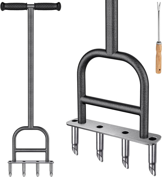 Dolibest Lawn Coring Aerator, Stainless Steel 4 Corer Plug Aerator Tool with Soft Rubber Grip, Manual Grass Aerating Tool, Garden Tool & Cleaning Hand Tool for Loosening Soil and Improving Lawn Health