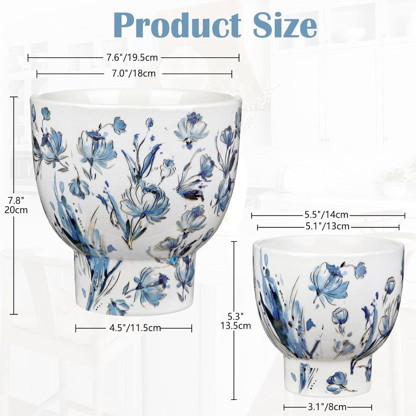 7.6/5.5 Inch Decorative Flower Pots, Blue and White Plant Pot Gold Accent Ceramic Planters for Indoor Plants Pots with Drainage Retro Planter Pot for Succulents Cactus Herb Snake Plants Outdoor Garden