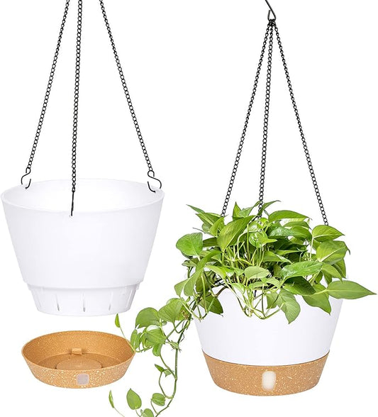 QCQHDU 2 Pack 10 inch Hanging Planters for Indoor Plants, Outdoor Hanging Baskets, Self Watering Pots with Drainage Holes & Removable Tray (White, 10 inch)