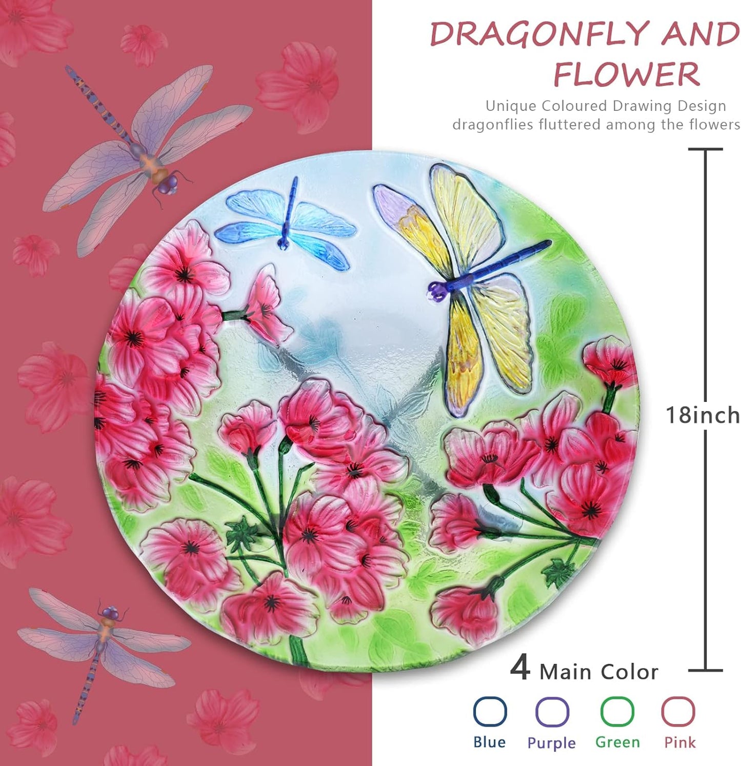 MUMTOP Bird Bath-Bird Baths for Outdoors - Dragonfly Large Bird Bath Bowl with Metal Stand, Glass BirdBaths for The Garden Lawn Yard Decor