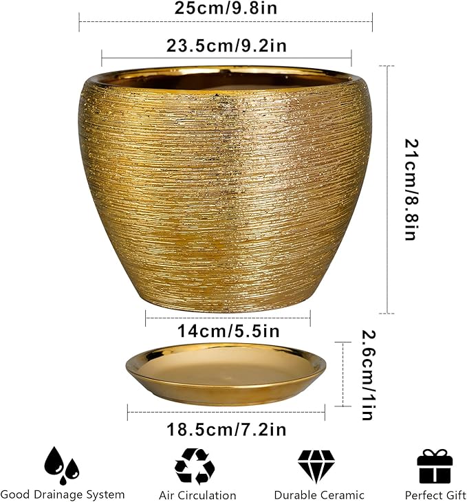 Ceramic Planter 10 Inch - Indoor Plant Pot with Drainage Hole and Saucer Large Decorative Planter Mid-Century Modern Flower Pot Outdoor for Home Decor Gold