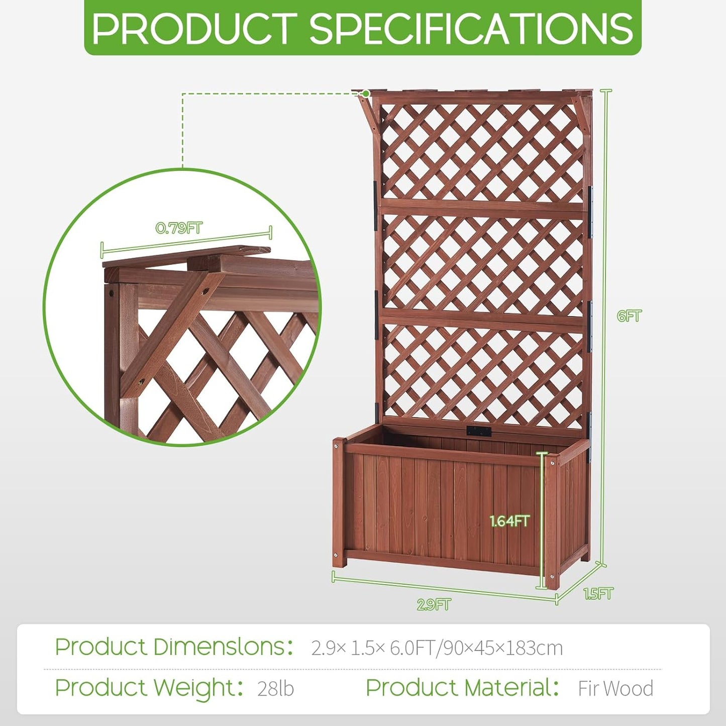 SPECRAFT Wood Planter with Trellis, 35.4x17.7x72 Inch Raised Garden Bed, 1.6Ft Deep Large Planter Box for Outdoor Gardening, Vegetables, and Climbing Plants