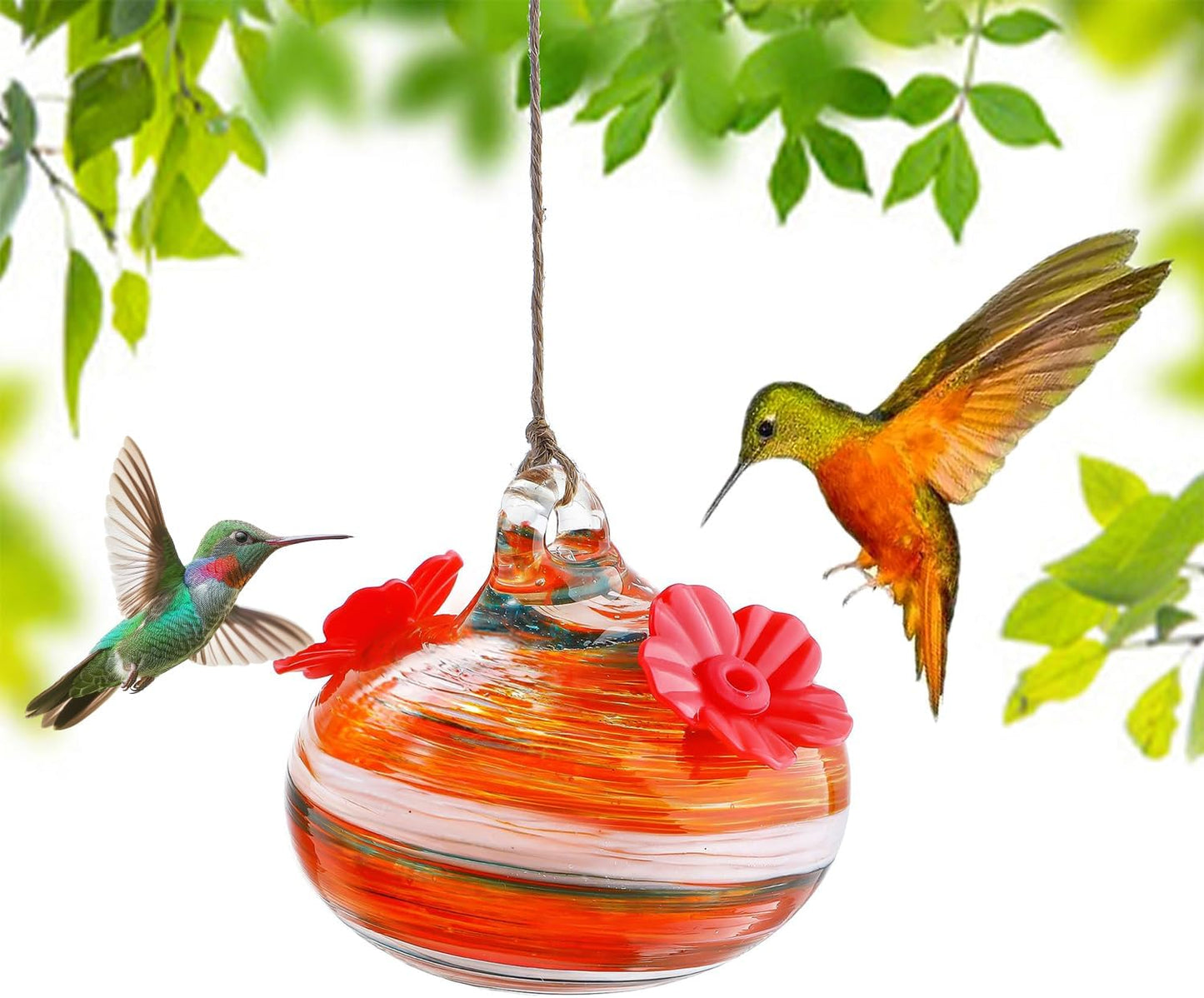 Small Glass Hummingbird Feeders for Outdoors Hanging Blown Glass Ball Humming Birds Feeder with 2 Feeding Ports for Outside Garden Patio Decor for Window