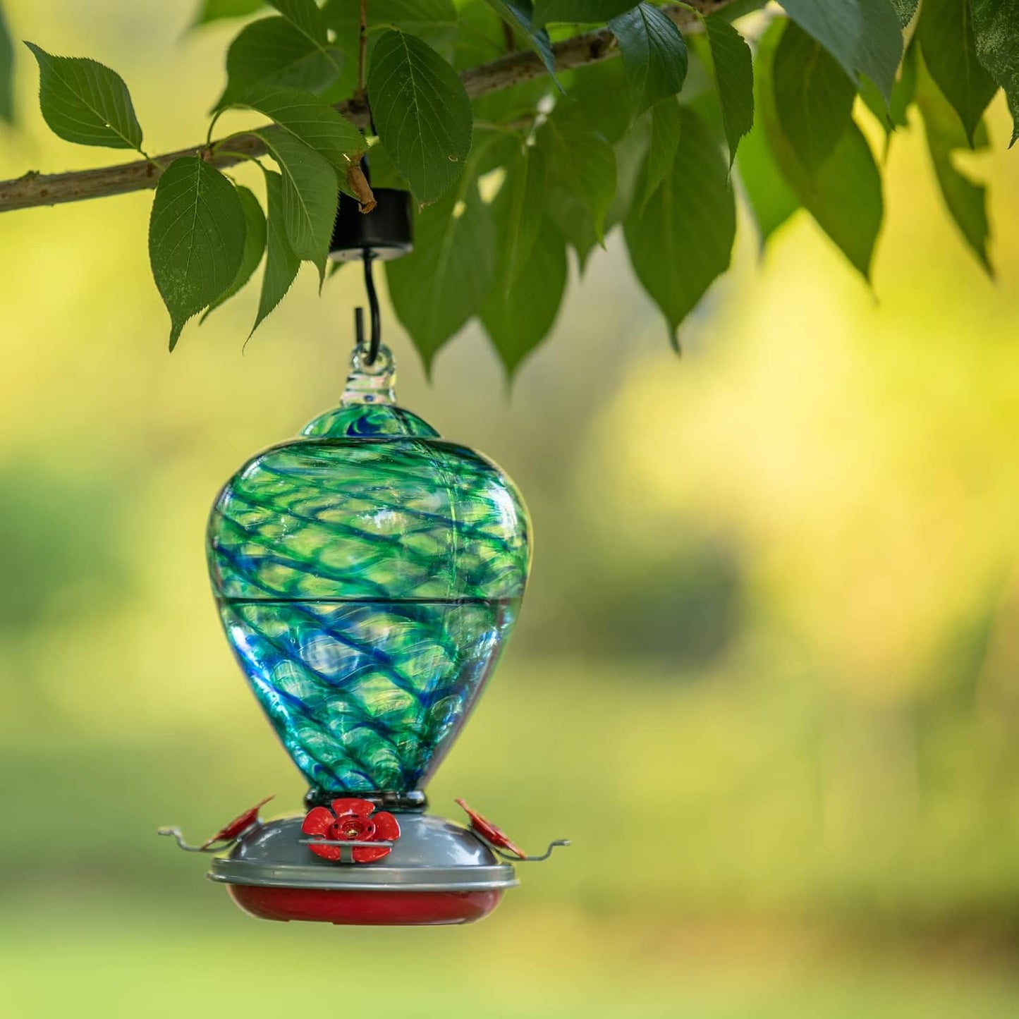 2 Packs Hummingbird Feeder for Outdoors Hanging Ant and Bee Proof, 34OZ 32OZ Hand Blown Glass Hummingbird Feeders for Outside (Yellow & Blue)