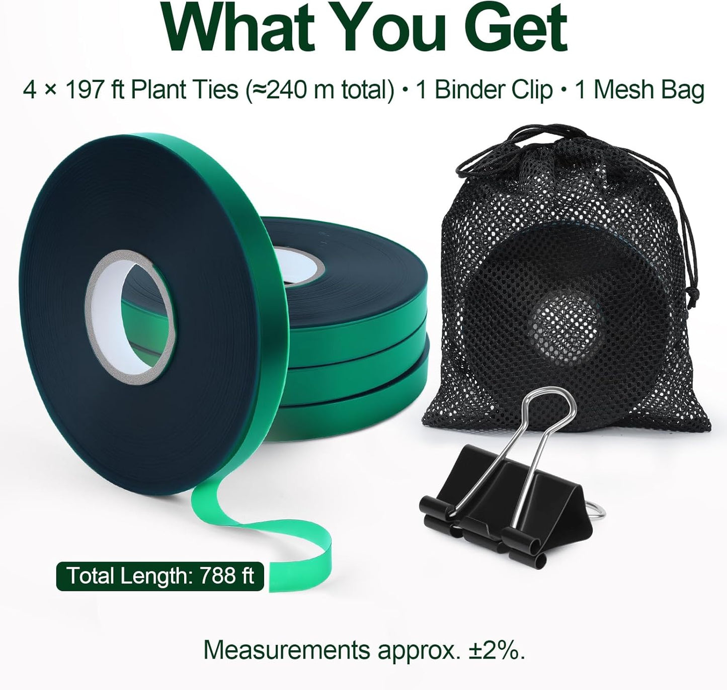 0.5 Inch Plant Tie Tape, 4 Rolls (788 ft Total) – Stretch Vinyl (PVC) Garden Ties for Stems & Poles, Non-Adhesive; Mesh Storage Bag + 1 Binder Clip Included (788 ft)