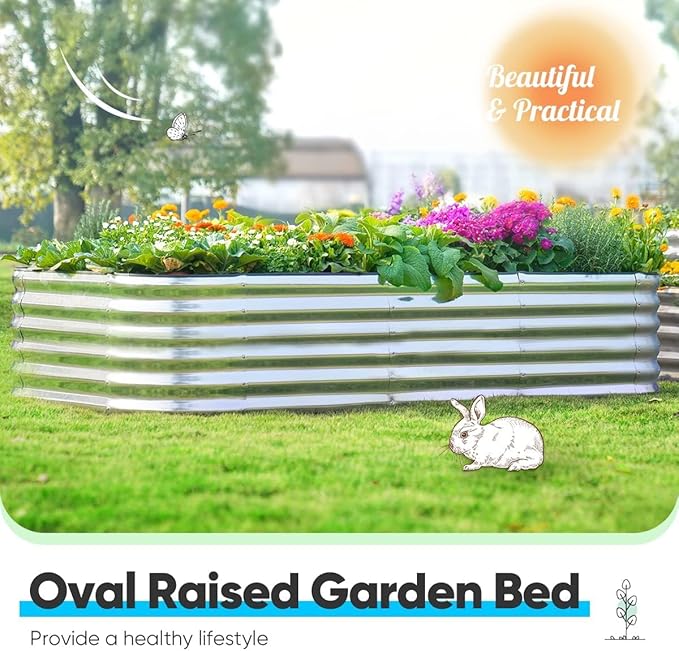 Quictent Raised Garden Bed Kit Oval Galvanized Metal Planter Box Tall for Vegetables Outdoor Backyard, Rubber Strip Edging Included, Silver 8x4x1.5 ft