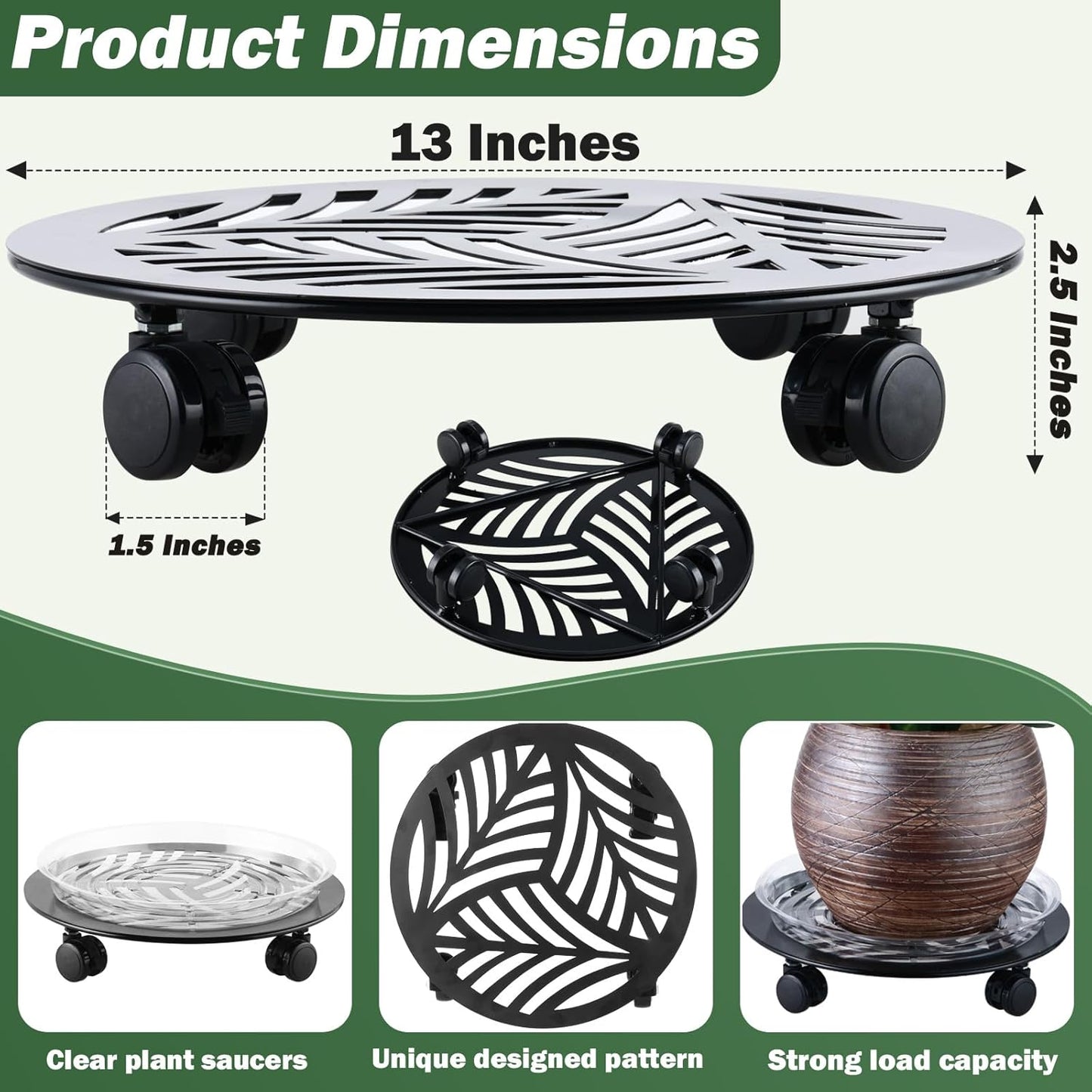 2 Packs Large Metal Plant Caddy with PU Wheels 13" Heavy-Duty Wrought Iron Rolling Plant Stands Indoor Outdoor Wheeled Plant Dolly Planter Mover Rollers Plant, Leaf Style