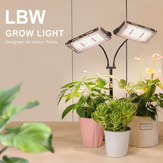 LBW Plant Grow Light, Full Spectrum Dual Heads Desk Plant Light for Indoor Plants, Growing Lamp with 3H/6H/12H Timer, 6-Level Brightness, 3 Lighting Modes, Height Adjustable, Ideal for Indoor Growth