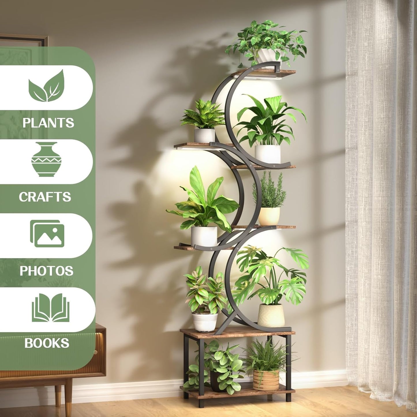 Plant Stand Indoor with Grow Lights, 65 inch Tall Plant Shelf for Multiple Plants, 7 Tiered Metal Plant Stands Indoor, for Living Room, Corners Patio Balcony or Office (Rustic Brown)