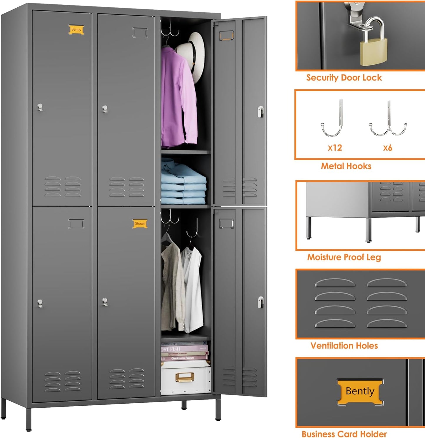 METAN Metal Locker for School Office Gym Bedroom,6 Doors Steel Storage Lockers Cabinet for Employees,Industrial Storage with 1 Shelf,Assembly Required,Dark Gray