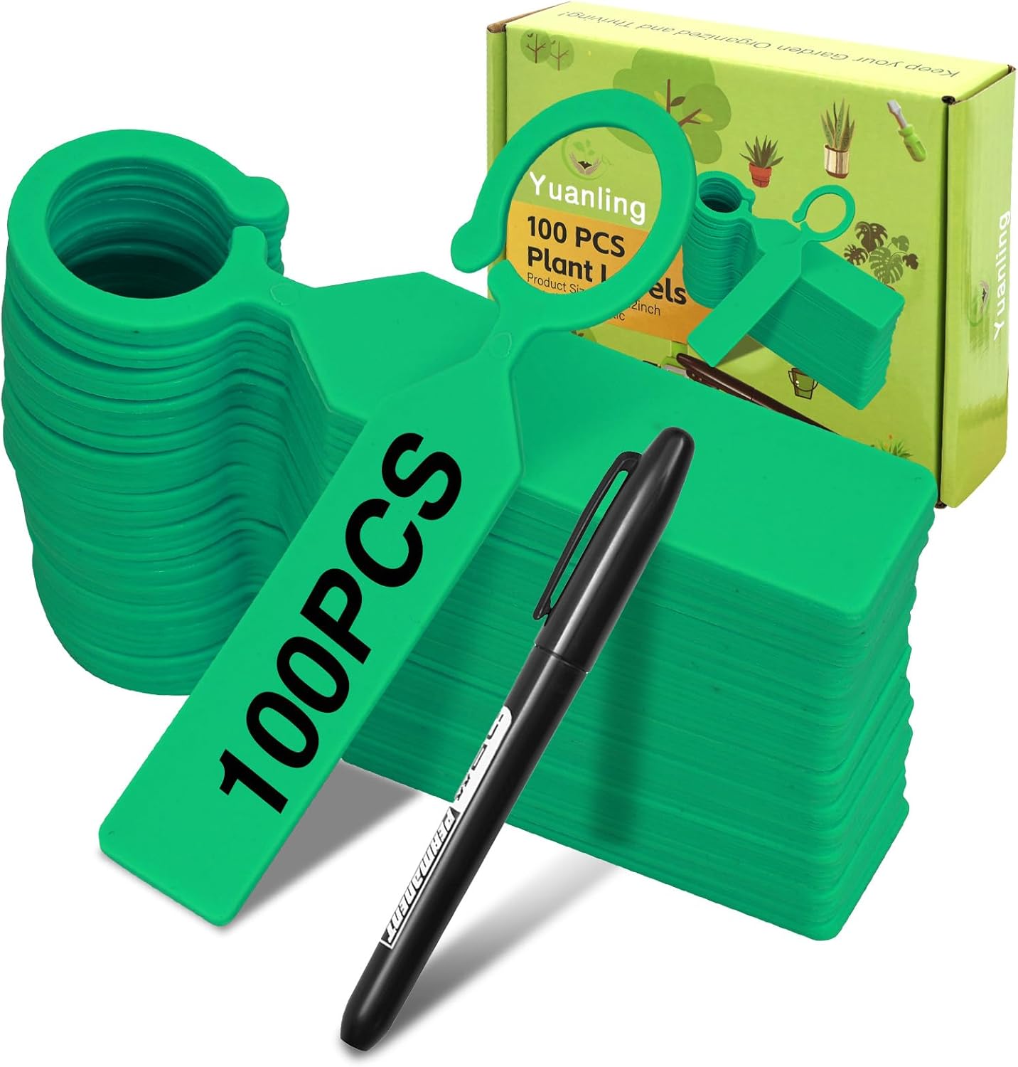 Plant Labels Yuanling 100Pcs Plastic Waterproof Plant Tree Tags Nursery Garden Markers for Indoor Outdoor Gardening Plants Vegetables Flowers Potted (Green Color with 1 Marker Pen)