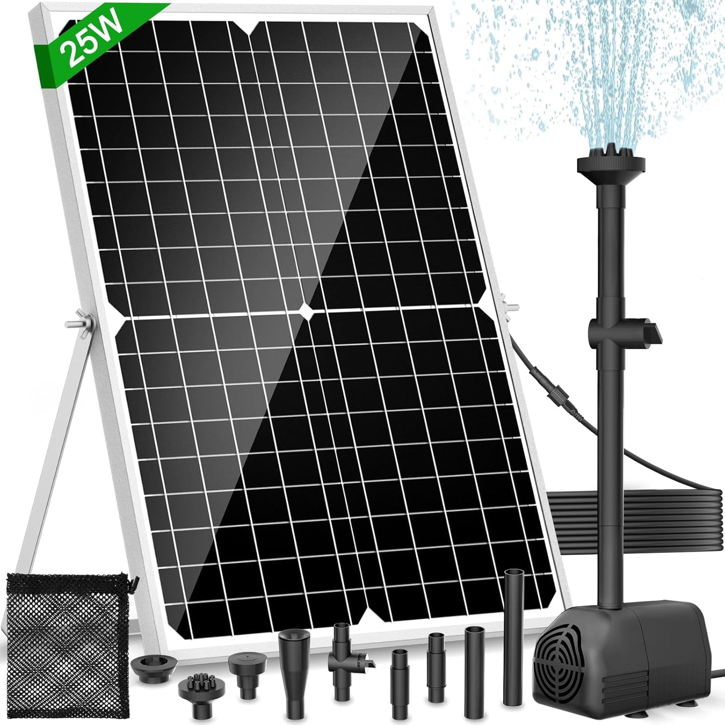 Solar Fountain Pump, 25W Solar Pond Pump 450GPH Solar Powered Water Fountain with 16.5Ft Extendable Power Cord, 4 Style Sprayers and Barrier Bag for Ponds, Water Features