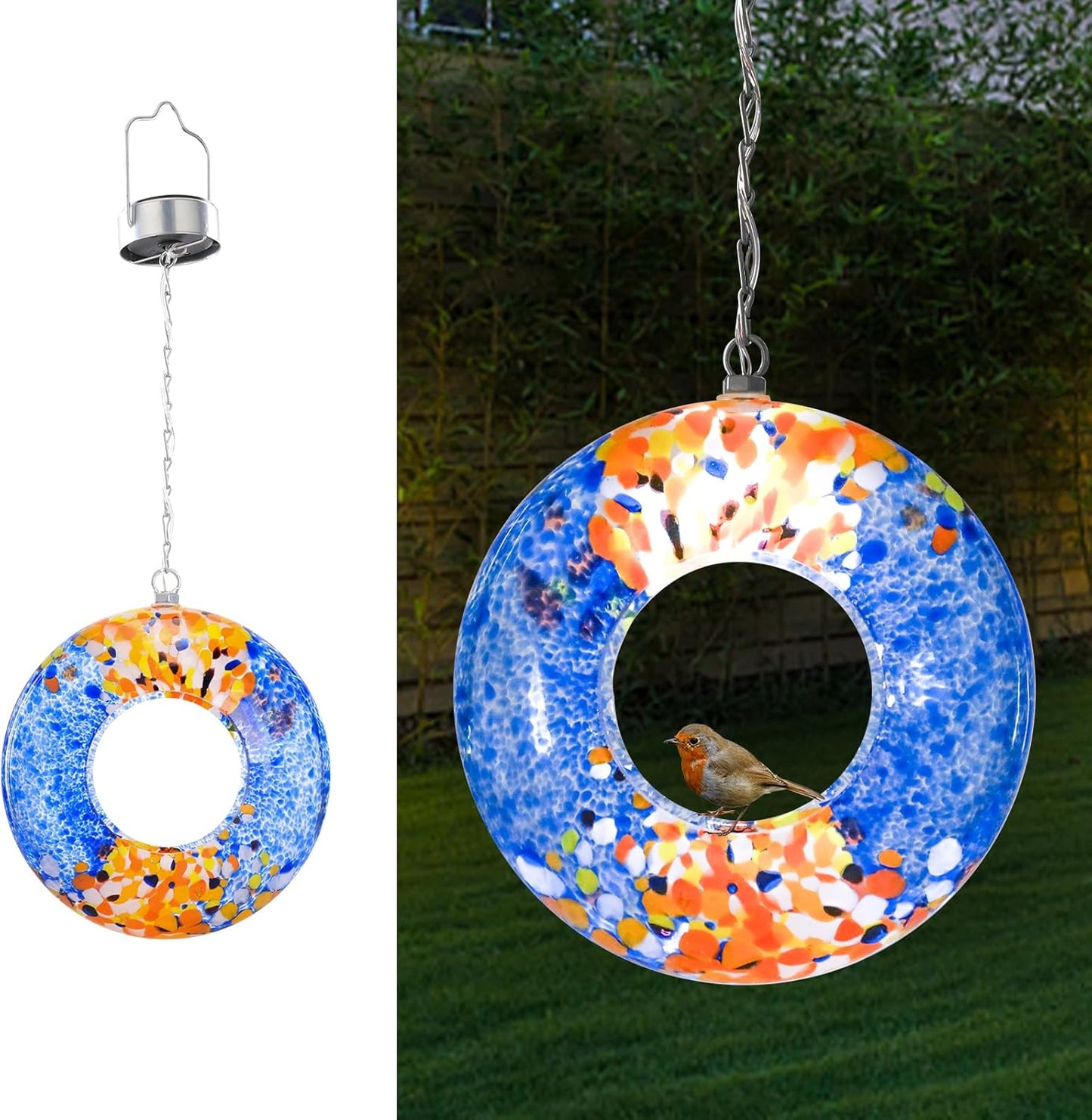 VCUTEKA Bird Feeder Solar Fly Through Bird Feeders for Outside Hanging with Round Shape Glass Container to Attract Wild Birds for Garden Decor, Solar Birdfeeder as Gift for Lovers, Multi 8-Inch