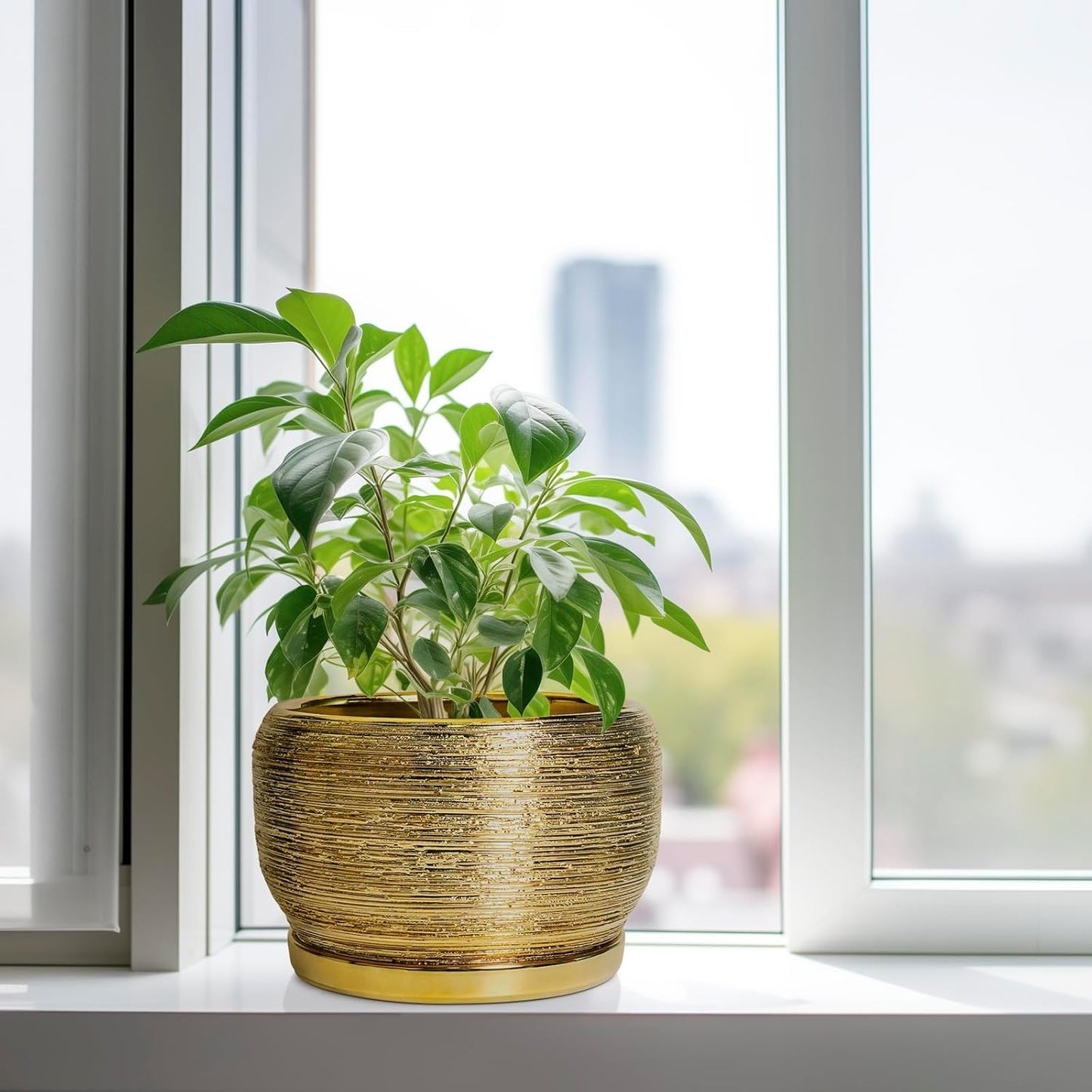 SQOWL Ceramic Planter for Indoor Plants - 10 Inch Plant Pot with Drainage Hole and Saucer, Modern Round Planter Outdoor, Large Decorative Flower Pot, Apartment Decor, Birthday Gifts, Gold