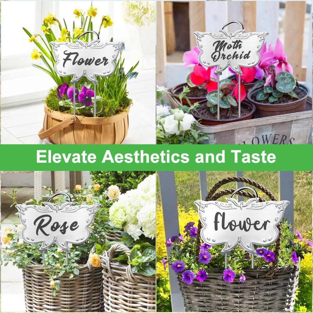 Metal Plant Labels, Tall Outdoor Butterfly Garden Markers for Flowers, Fruits and Vegetables, 304 Stainless Steel Weatherproof Signs (25 Packs, 4" x 2.3", Silver Butterfly Design)