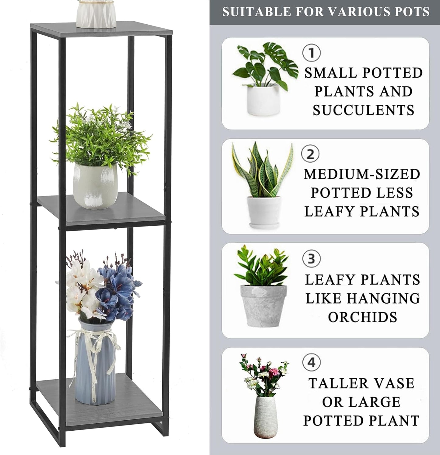 46" Tall Plant Stand Indoor, 3-Tier Modern Plant Shelf, Corner Flower Pot Holder Organizer for Living Room Balcony Patio Garden (Oak Grey)