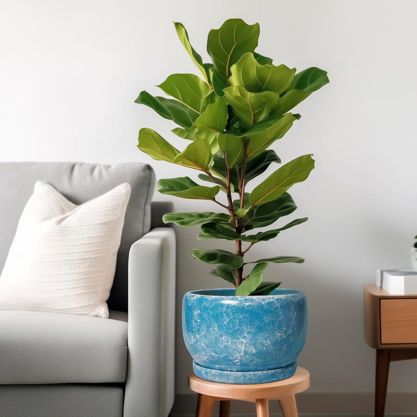 SQOWL Ceramic Planters - 10 Inch Plant Pot Indoor with Drainage Hole and Saucer, Decorative Flower Pot Outdoor, Round Large Planter, Living Room Office Garden Decor, Plant Lover Gifts for Women, Blue