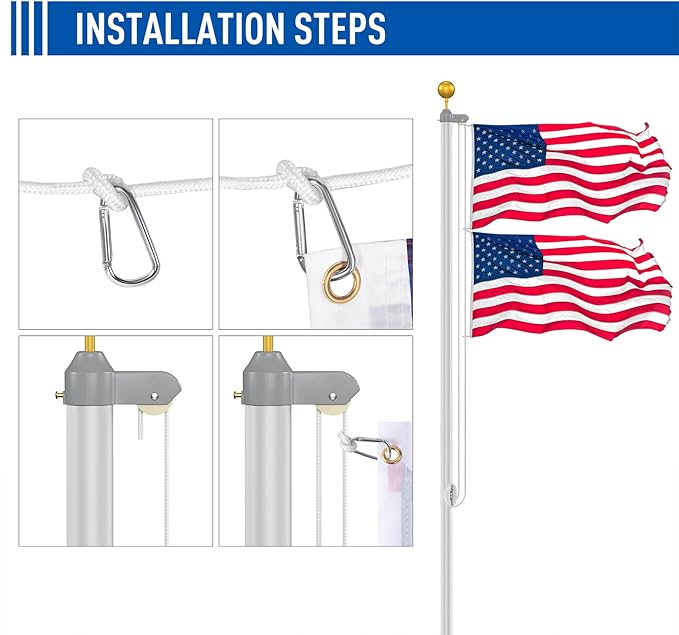 Flag Pole Kit 25FT, 12 Gauge 1.8mm Thickness Heavy Duty Flag Poles with 3x5 American Flag, Silver Flag pole for Outdoor House In Ground, Extra Thick Flagpoles Suitable for Yard and Garden