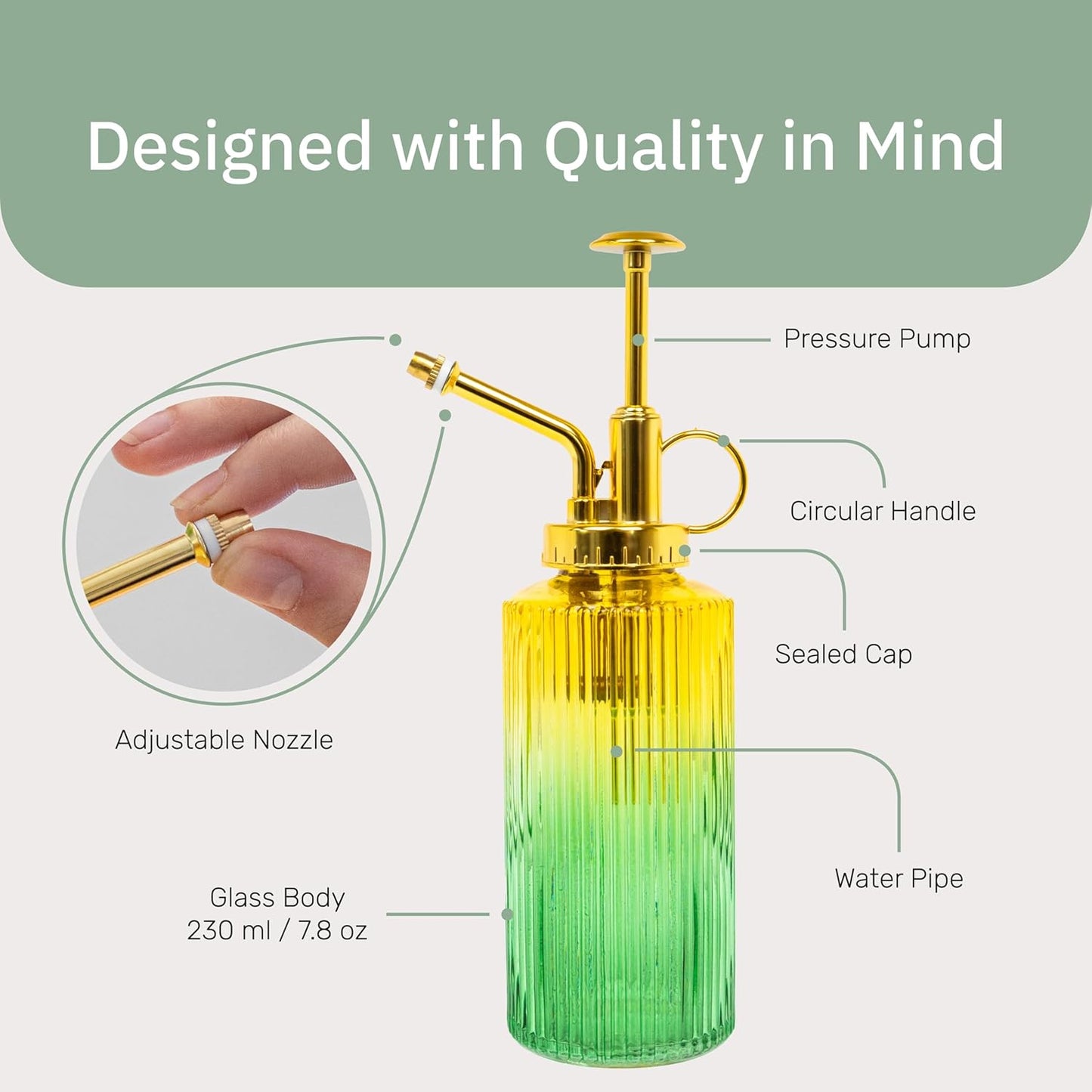 Useful Co. Yellow & Green Glass Plant Mister for inside, Mister for Plants, Plant Sprayer Mister, Decorative Plant Mister Spray Bottle with Adjustable Nozzle for indoor plants (230ml/ 7.8oz)
