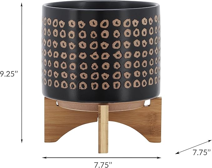 Sagebook Home 9.25" H 8" Diameter Natural Sand and Deep Brown Glazed Ceramic Dotted Planter on Brown Rubberwood Stand for Indoor and Outdoor Decorating