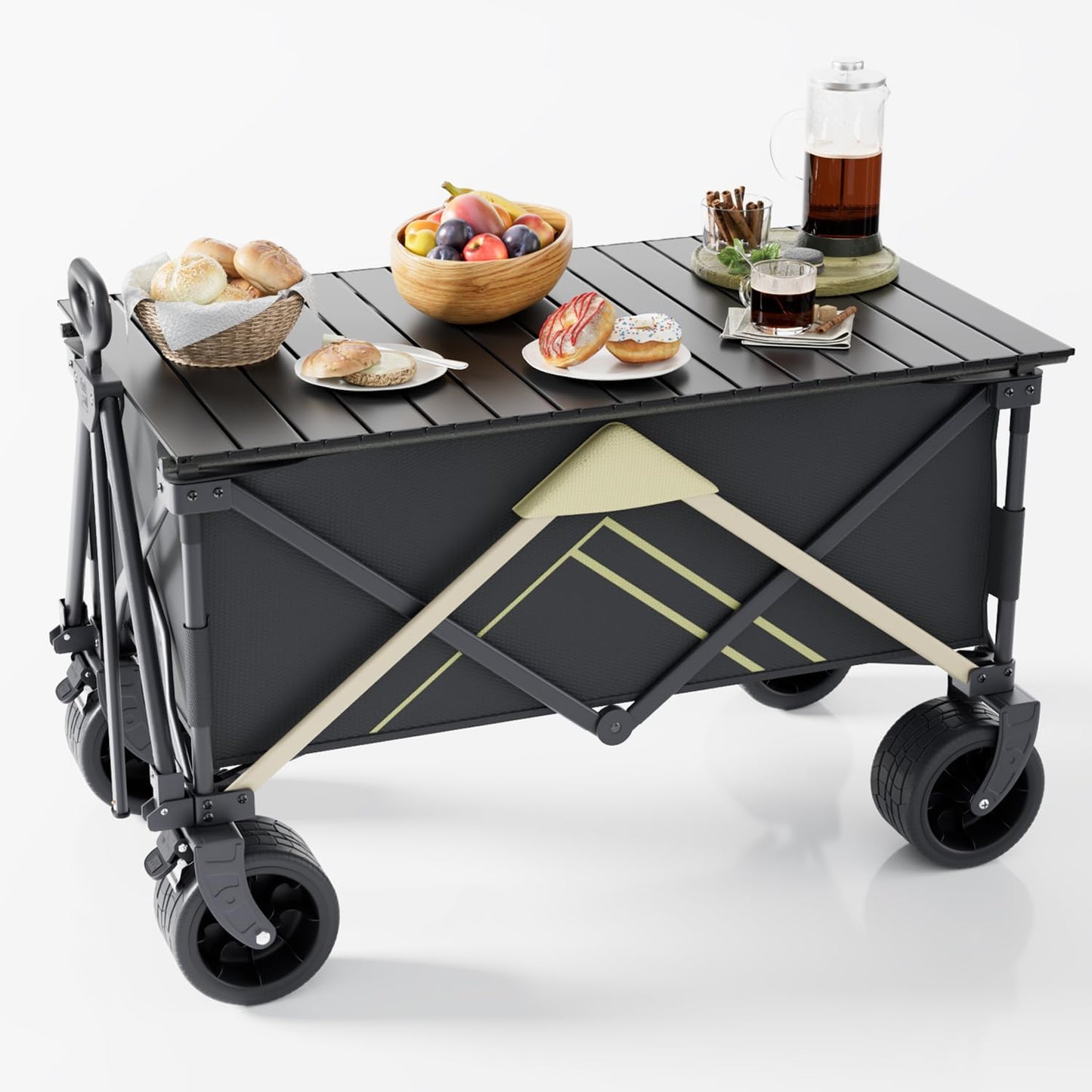 Wagons Carts Foldable,Wagon with Table Top,Beach Wagon with Big Wheels for Sand,Camping Sports Garden Beach Grocery(Black)